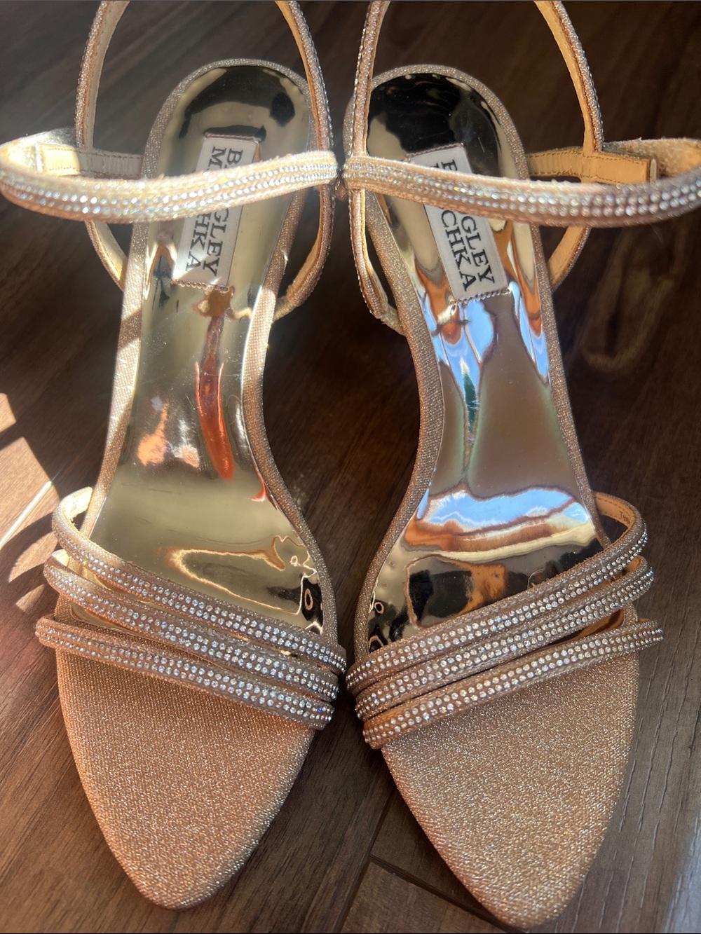 Badgley Mischka Rose Gold Crystal-Strap Evening Heels